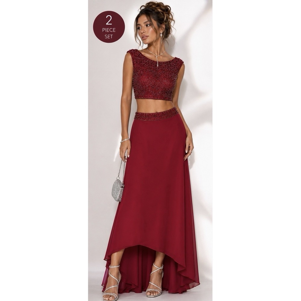 Sherri Hill 2 Piece Prom Homecoming Dress Wine Red High Neck Jeweled Glam Sz 0